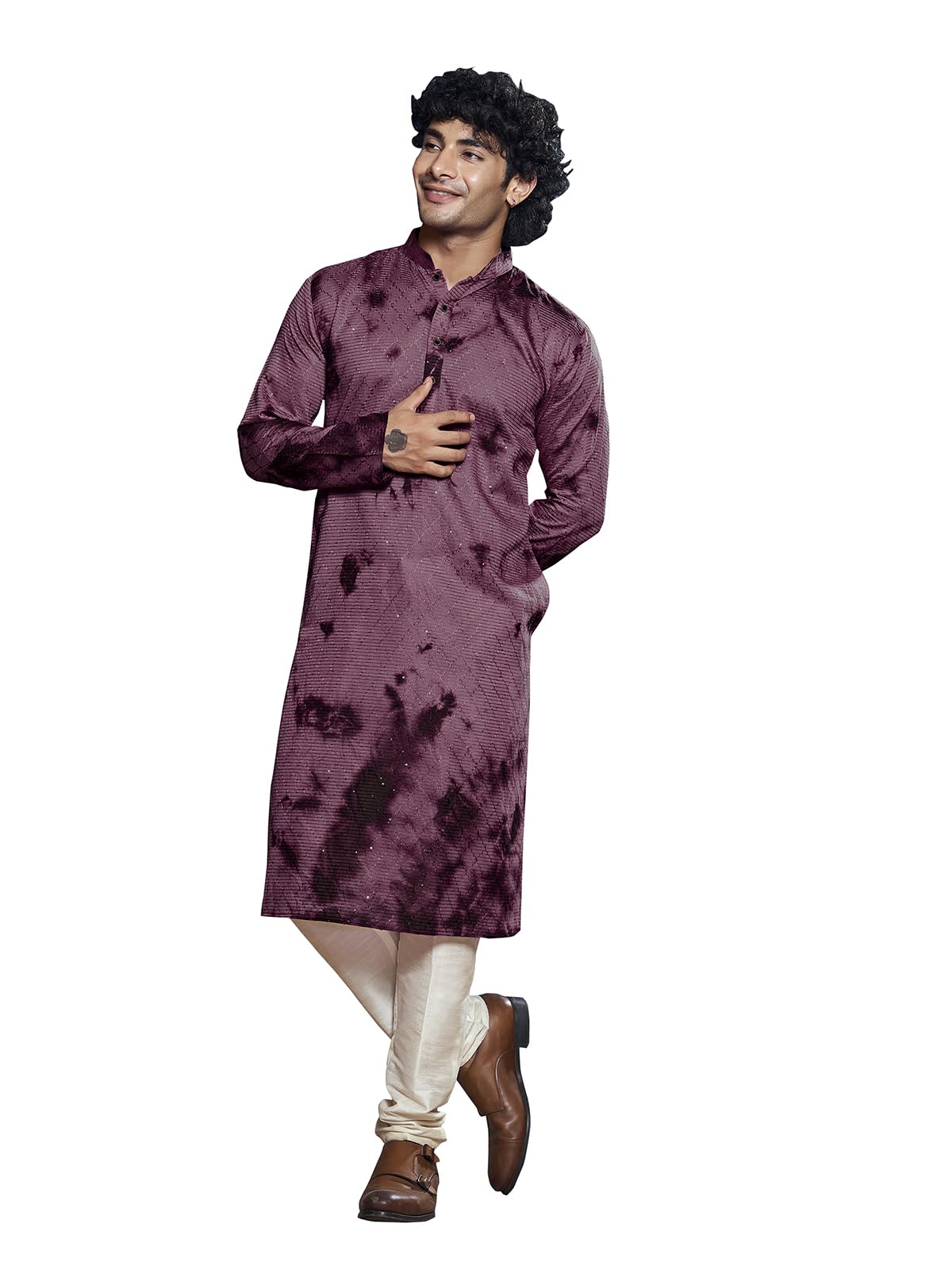 vardha Men's Viscose Sequence Stitched Kurta, Shibori Dyed Ethnic Kurtas for Men, Mandarin Collar Long Kurta's-picture-41