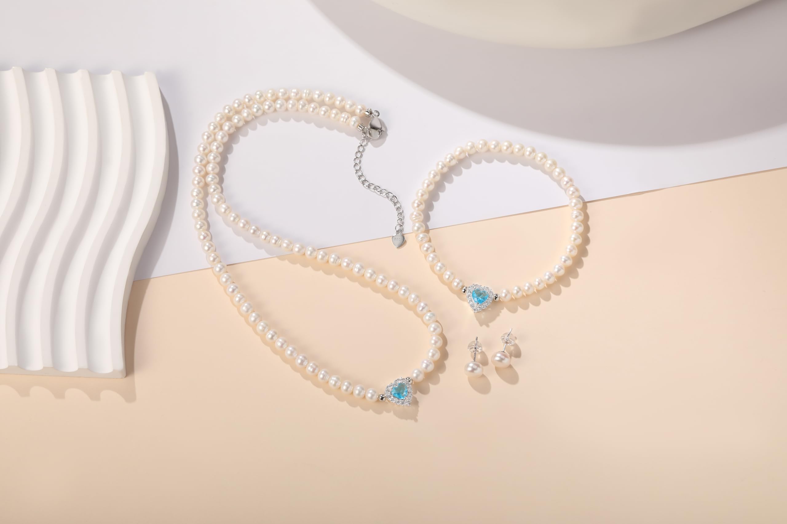 YAMI Perlenkette Set Damen Silber (Halskette+Armband +Ohrringe), 5-6mm Süßwasserperlenkette, Perlenohrringe Silber 925, Perlenarmband Damenschmuck für Jeden Anlass, Herzförmiger Zirkon + Türkis-Stil