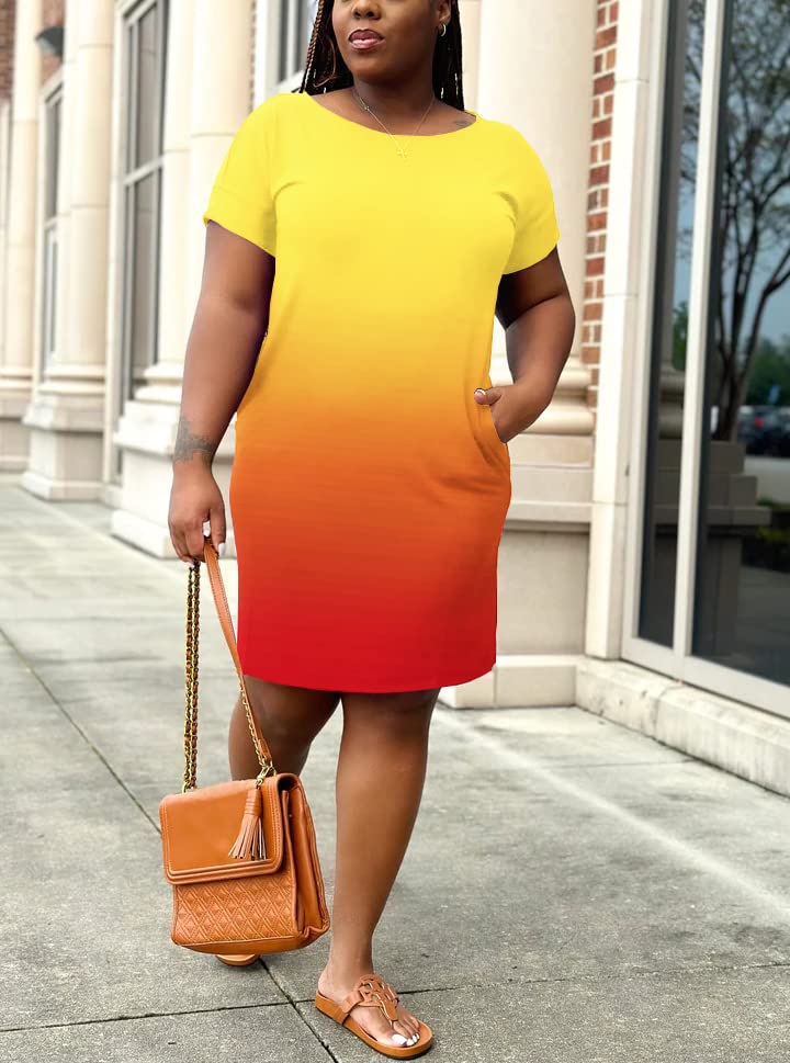 Image of PINSV Women Plus Size Summer Casual T Shirt Dresses Short Sleeve Tunic Dress with Pockets Yellow Gradient 4XL1