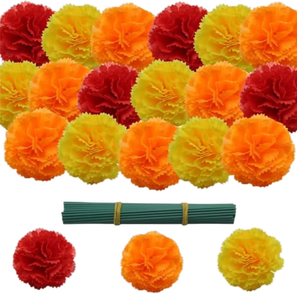 CNAFGBGG Artificial Marigold Flowers, 100pcs Silk, Red Orange Yellow, 2in.