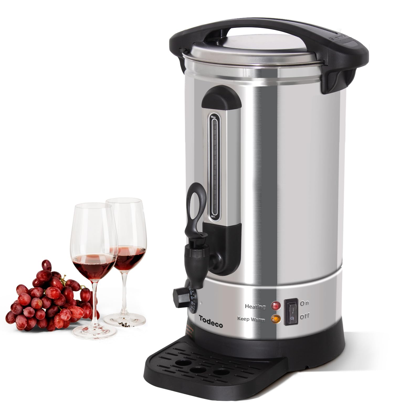 Todeco Bollitore per Vin Brulé 7,7 L, Macchina per Bevande Calde in Acciaio Inox 1500 W con Rubinetto, Vaschetta di Raccolta, Termostato 30–110 °C, per Vin Brulé, Tè, Caffè
