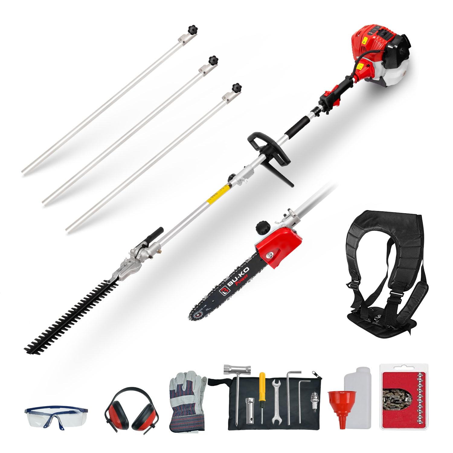 BU-KO 52cc Long Reach Petrol Hedge Trimmer and Pruner Saw with 3X 75cm Extension Pole, Ultimate Garden Tool for Precision Cutting, Trim Hedges and Prune with Ease