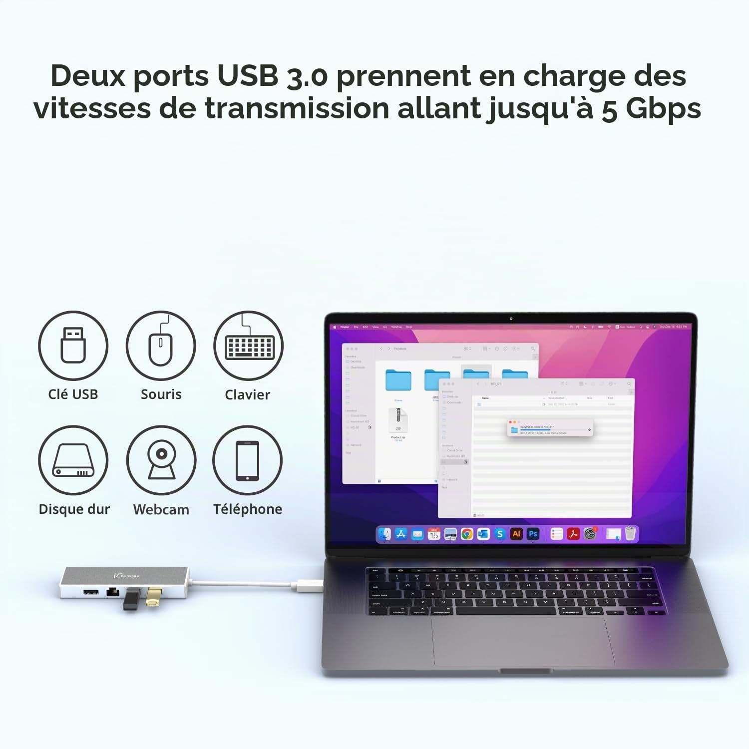 j5create Hub USB 3.0 avec HDMI, VGA, RJ45 Gigabit Ethernet, 2 Ports USB 3.1 Type-A pour Mac, Windows, PC (JUD380)