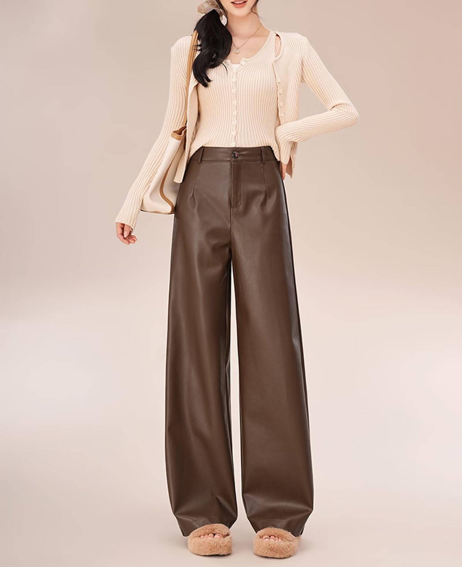 HNVAVQ Pantalones de Cuero para Mujer, Cintura Alta, Informales, para Oficina