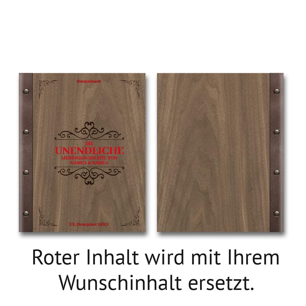 Personalisiertes Stammbuch Hochzeit aus echtem Holz mit Leder Rücken A5 oder A4 inkl. vorgedruckten Seiten - Liebesgeschichte