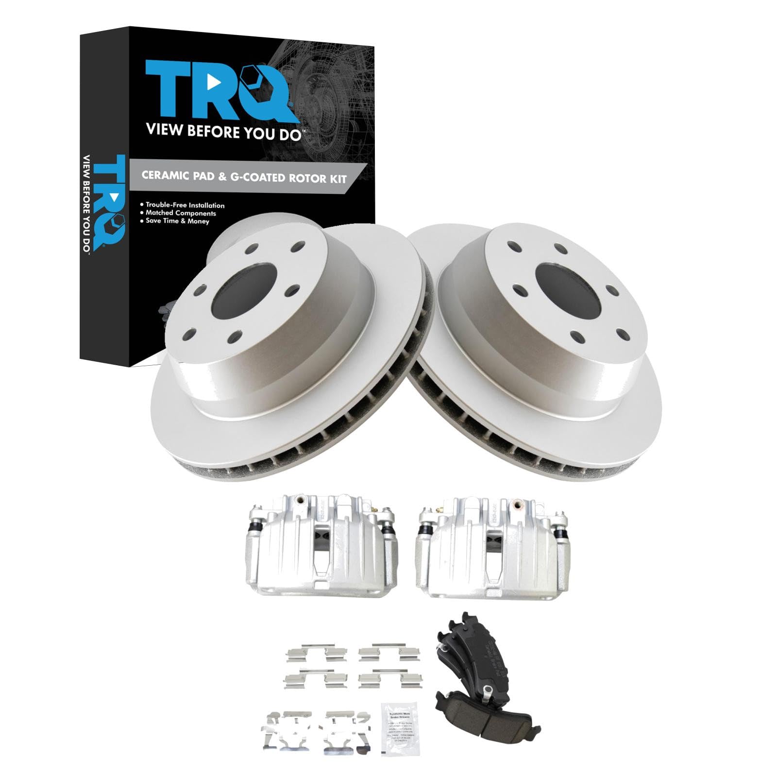 TRQ Rear Brake Pad and Rotor Set Ceramic Coated Rotors Calipers Compatible with 2002-2004 2006 Chevrolet Silverado 1500 2000-2001 GMC Yukon XL 1500