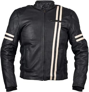 Iguana Custom Collection Chaqueta de Moto de Cuero Envejecido Estilo Retro con Franjas, Modelo Cafe Racer, con Protecciones homologadas y Forro térmico Desmontable. (L)