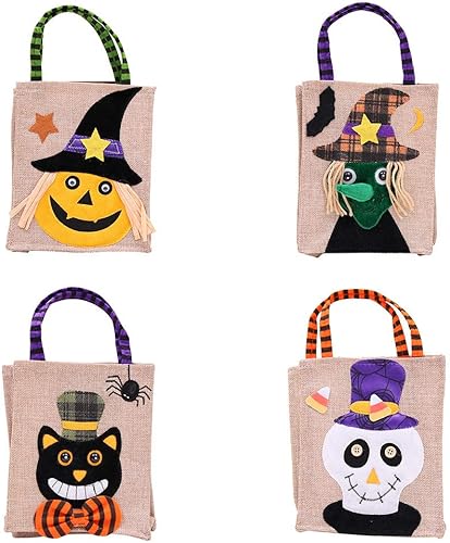 Bolsas de yute de arpillera, paquete de 4 bolsas de regalo de arpillera de Halloween con asas, reutilizables para Navidad, niños y adultos,