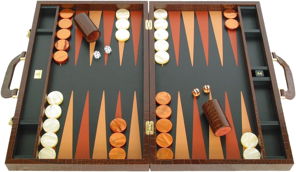 Zaza & Sacci Leather Backgammon Board Set - (23" Large Attache Case, Brown Croco