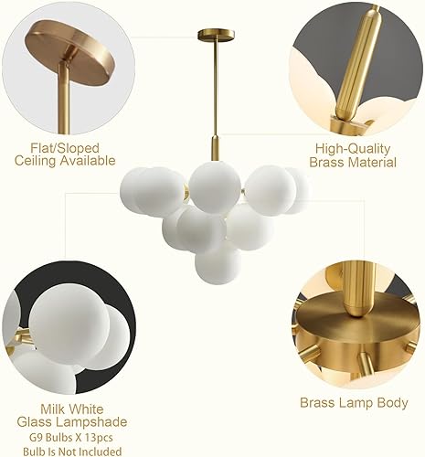 Miniatura 5 de Lámpara de araña moderna de mediados de siglo con 13 luces de latón dorado para comedor, isla de cocina, dormitorio, sala de estar