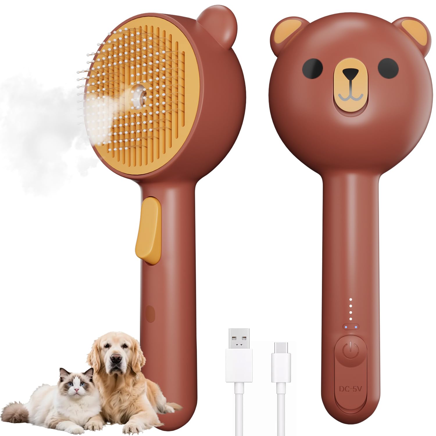 Katzenbürste mit Dampf, Dampfbürste Katze für Langhaar und Kurzhaar Hunde Katze, Cat Steam Brush mit Spray und Wassertank, USB Aufladbar, 2 Einstellung, für Massage, Pflege, Haarentfernung