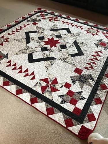 Handmade Red, Black and White Star Quilt Pattern, 100% Cotton