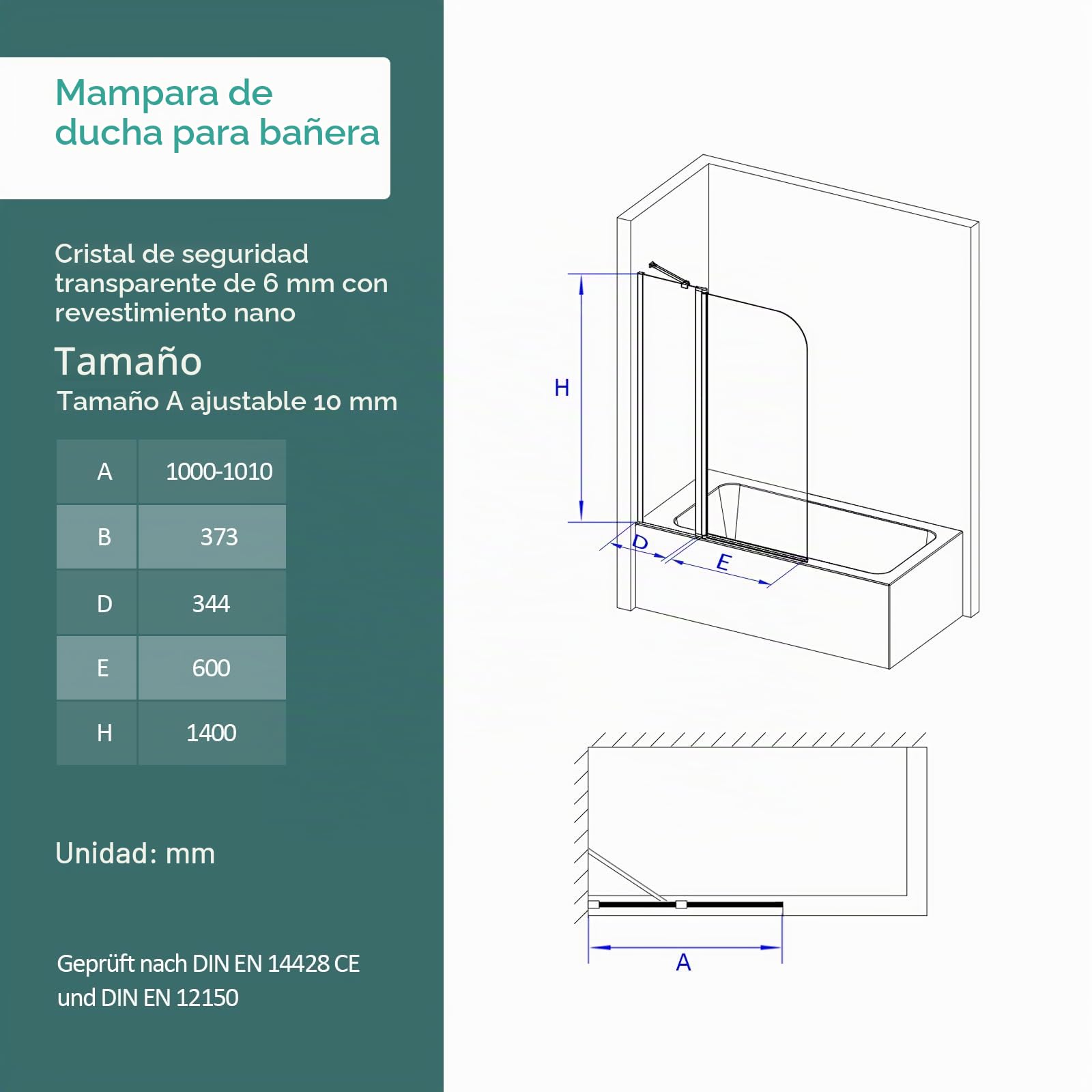 EMKE Mampara de ducha para bañera de 100 x 140 cm, accesorio plegable para bañera, mampara plegable de 6 mm, cristal de seguridad