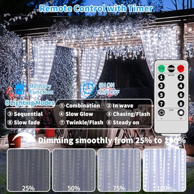 Curtain Lights Battery Powered 10*10Ft 300LED Waterproof Waterfall Light with 8 Modes Remote Dimmable Timer Memory Twinkle Fairy String Lights for Indoor Outdoor Gazebo Wedding Party Pergola Christmas