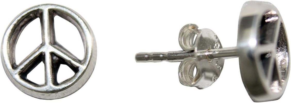 0.35" Sterling Silver Peace Sign Stud Earrings with Friction Post Backs