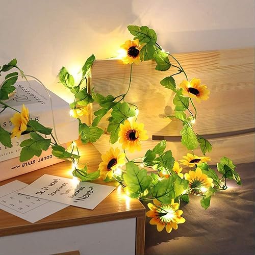 Fielegen 20 LED Artificial Sunflower String Lights, 7.2 ft Sunflower Garland with Lights Battery Operated Flower Fairy String Lights for Bedroom Wedding Birthday Party Home Garden Decor - Sunflower