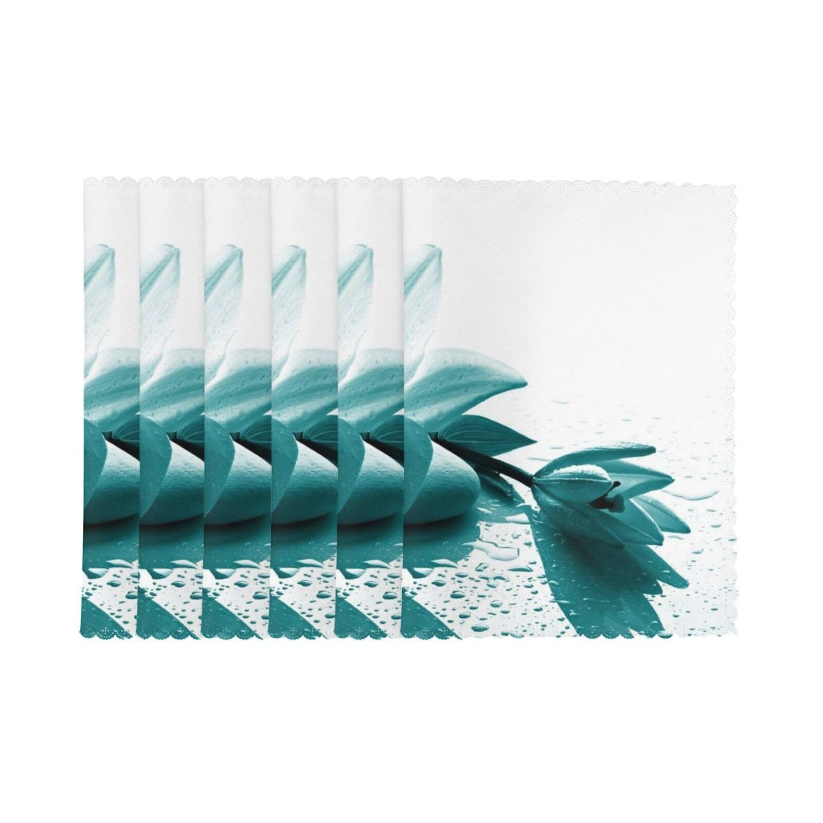 6 PCS Heat Resistant Placemat 45x30 CM, Teal Lily Printed Non-Slip Place Mats for Kitchen Dining Table Indoor Outdoor