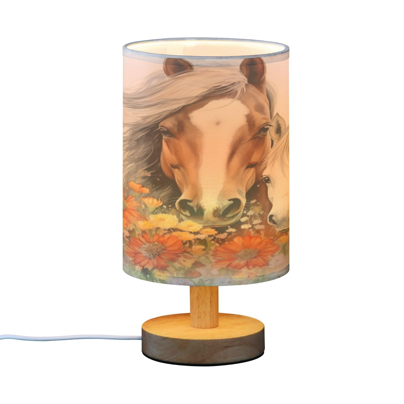 SDMKA Watercolor Wild Horses Bedside Table Lamp for Bedroom, Minimalist Nightstand Lamp with Round Fabric Shade for Living Room, Office, No Bulb Required