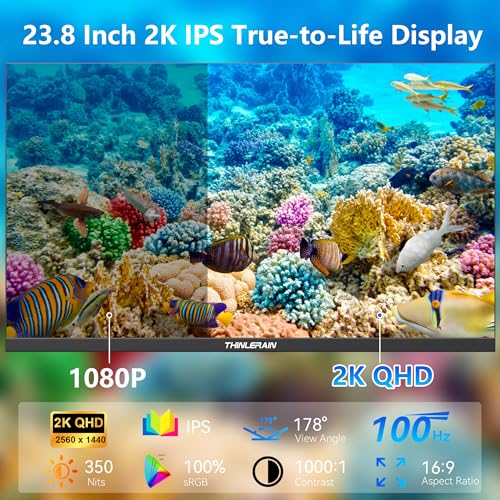 Image of 23.8 Inch Monitor with Pop-Up Webcam - 2K 2560 x 1440 IPS Computer Monitor, 100Hz Vertical Gaming PC Screen, Built-in 3MP Webcam & Microphone, HDMI, DisplayPort, Display for Office Home
