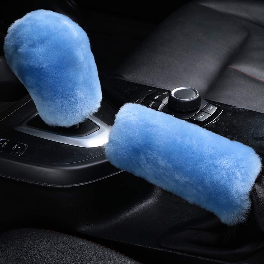 OGLAND Fluffy Natural Fur Sheepskin Car Gear Shift Handle Level Stick Knob Covers for Automobile Selector Handball Collar, Handbrake Cover (Sky Blue)