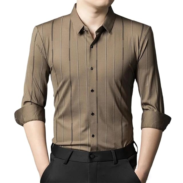 Mens Stretch Striped Formal Shirt Long Sleeve Button Down Slim Fit Dress Shirt