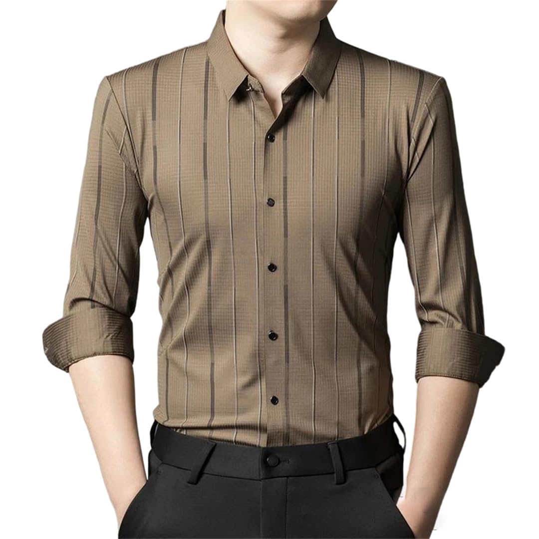 Mens Stretch Striped Formal Shirt Long Sleeve Button Down Slim Fit Dress Shirt