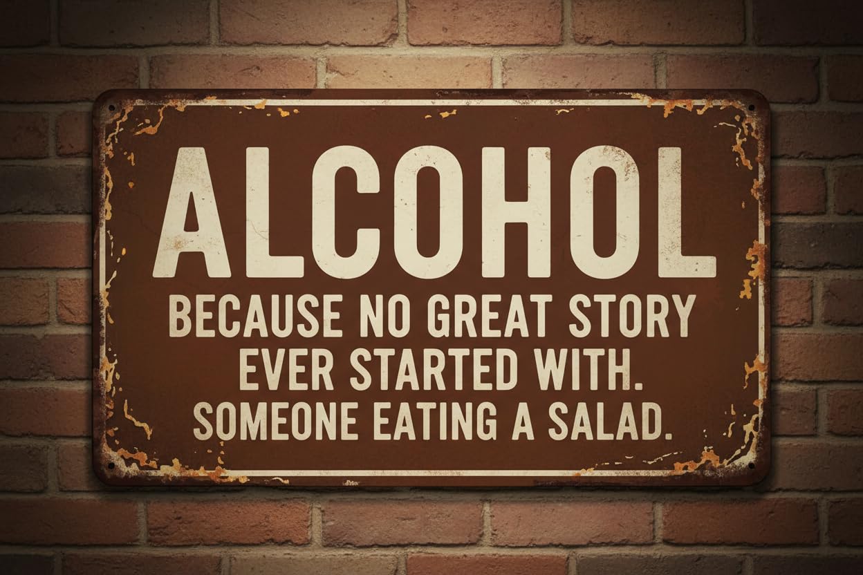 Metal Tin Sign Alcohol, Because No Great Story Ever Started With Someone Eating A Salad Vintage Retro Sign Poster Bar Style Novelty Wall Art8x12Inch Signs Aluminum Plates Printed