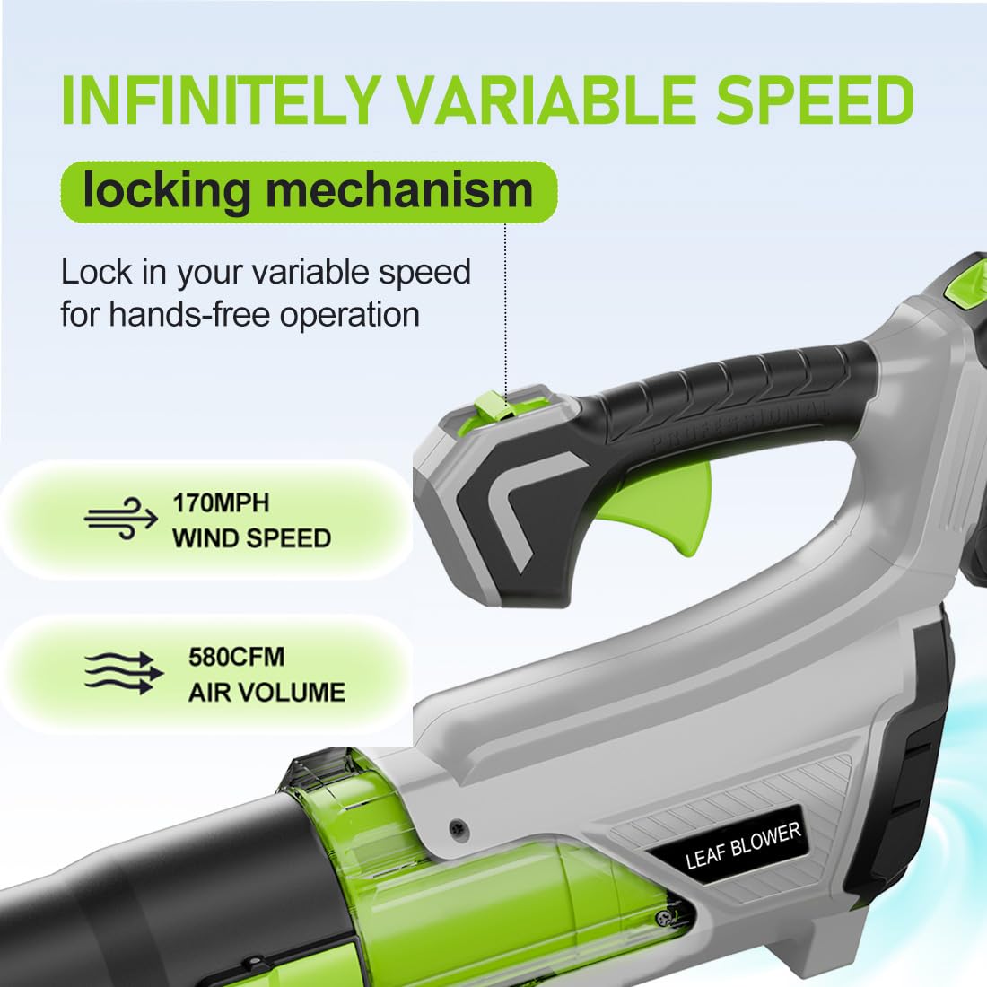 Condition photo showing As Is for cordless leaf blower 580cfm/170mph with 2x4.0ah batteries & charger
