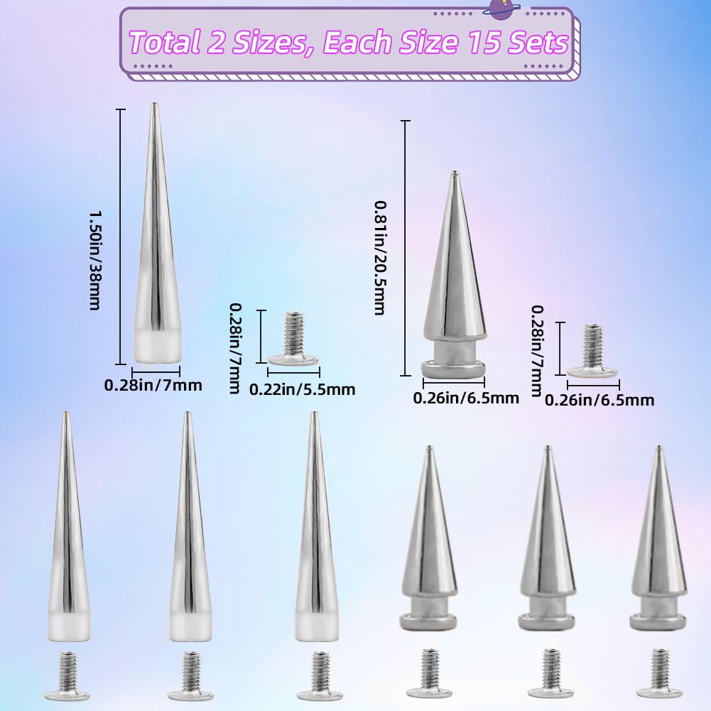 GORGECRAFT 1 Box 40MM 20MM Spike Studs Cone Spikes Large Screwback Studs Silver Cone Punk Leather Rivets 30 Sets Long Tree Spikes Screw on Metal Rivet for Clothing Rock Style DIY Crafts Shoes