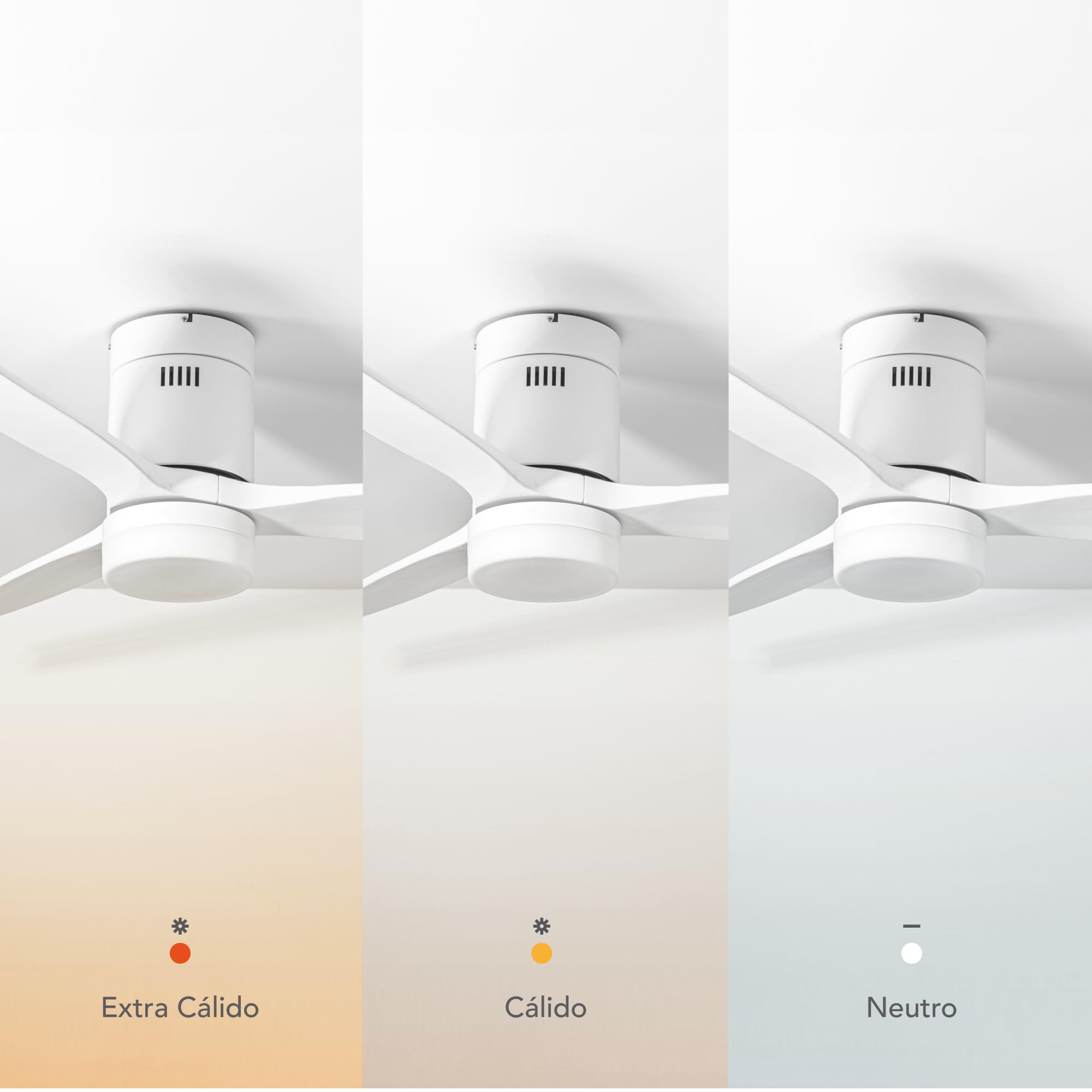 Kent Ventilador Techo Blanco/Madera Blanca. 3 Aspas Ø132cm. Luz Led 20W Neutra/Cálida/Extra Cálida. Motor DC. Verano/Invierno. 6 Velocidades. Control Remoto Temporizador. Silencioso. Brisa