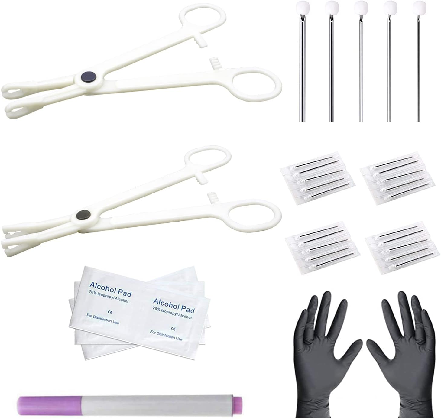 Ear Nose Piercing Needles Body Piercing Needles Kit Mix Size 12G 14G 16G 18G 20G Stainless Steel Piercing Kit with 2 Pcs Different Piercing Clamps and Alcohol Pads, Marker Pen (Type A)