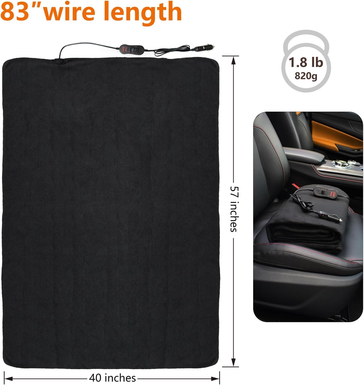 SJC 12-Volt Electric Heated Car Blanket,Auto Off Heated Blanket with 2 Level,Electric Blanket for Car,Truck,SUV (Black)