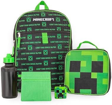 Bioworld Minecraft Crafting Alpha Creeper 5 Piece Backpack Set, Water Bottle, Lunch Box, Snack Pouch