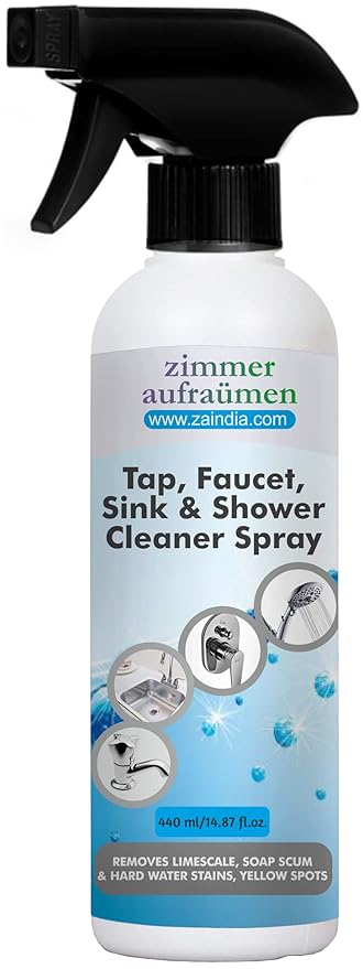 Zimmer Aufraumen Tap Cleaner Spray 440 ml for Bathroom, Kitchen Tap, Shower, Faucet. Removes Limescale & Hard Water Spot, Soap Scum, Water Stains, Scaling.