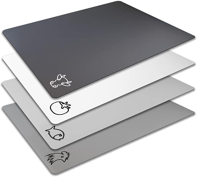 Flexible Plastic Cutting Board Mats in Unique Modern Neutral Colors with Food Icons, Fotouzy BPA-Free, Non-Porous, 100% Non-Slip Back and Dishwasher Safe, Set of 4