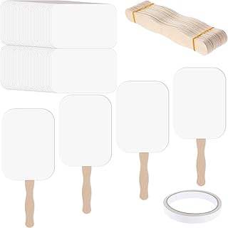 TaoBary 75 Pieces DIY Paper Church Fans Handheld Set Fan Sticks Wooden Handle Craft Sticks Wavy with Blank White Cardstock Tape for Wedding Celebration