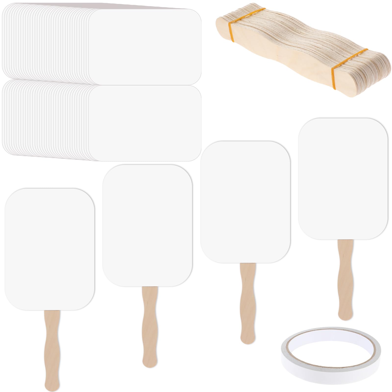 TaoBary 50 Pieces DIY Paper Church Fans Handheld Set Fan Sticks Wooden Handle Craft Sticks Wavy with Blank White Cardstock Tape for Wedding Celebration