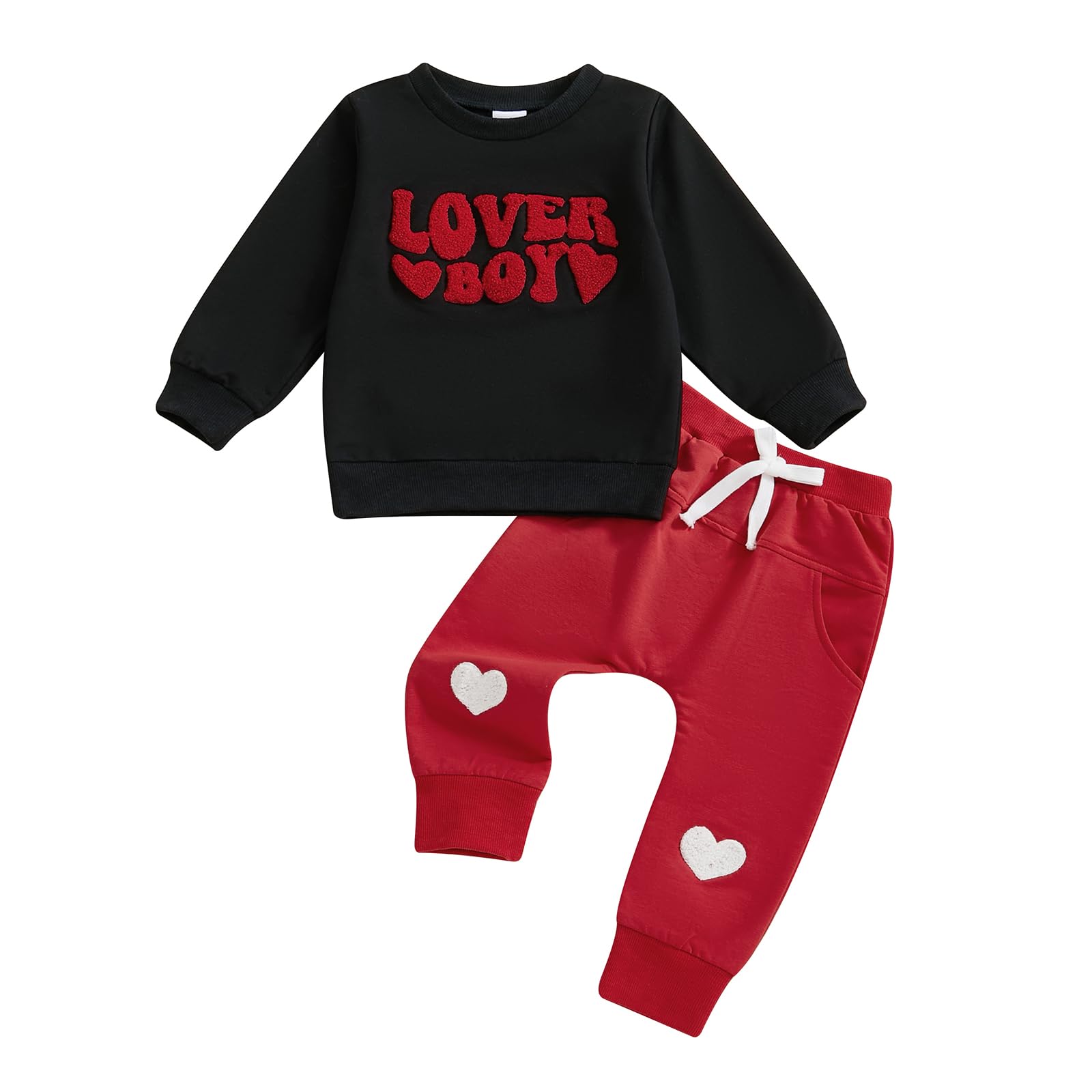 LAGKIYOJ Toddler Baby Girl Boy Valentines Outfit Love Heart Long Sleeve Sweatshirt Pullover Tops Jogger Pants Clothes (Black Love Heart, 6-12 Months)