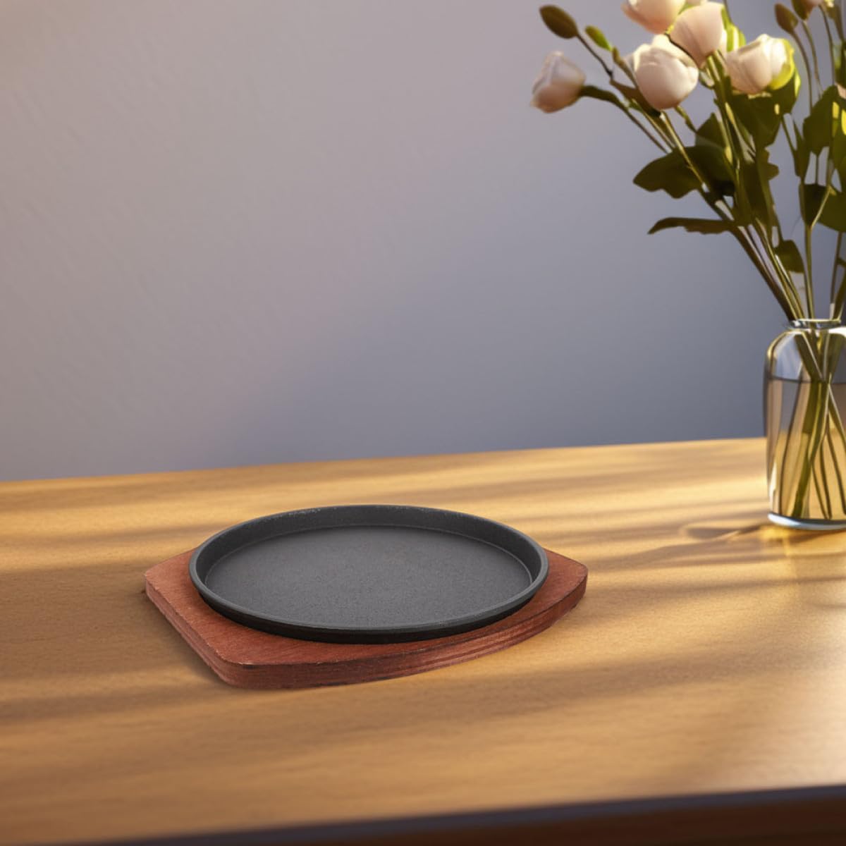 Kichvoe Padella in Ghisa Rotonda con Base in Legno per Bistecca, Distribuzione Uniforme del Calore e Rivestimento Antiaderente, per Cucina Casalinga e Ristorante