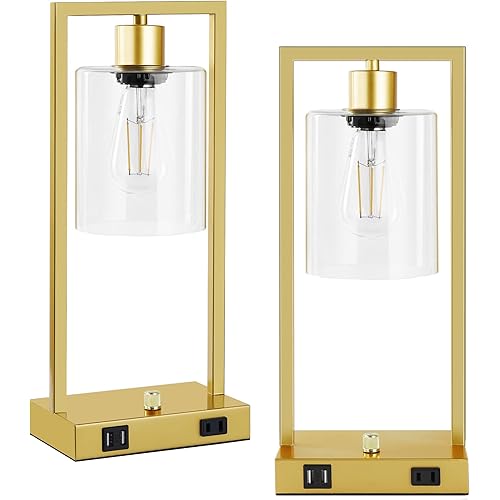 SURAIELEC Industrial Table Lamp Set of 2, Gold Desk Lamp with 2 USB Ports & AC Outlet, Dimmable Nightstand Lamp for Bedroom Living Room, Clear Glass Shade, LED Bulb Included