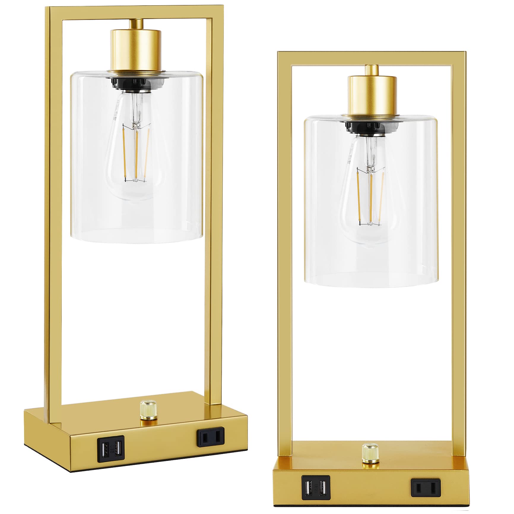 SURAIELEC Industrial Table Lamp Set of 2, Gold Desk Lamp with 2 USB Ports & AC Outlet, Dimmable Nightstand Lamp for Bedroom Living Room, Clear Glass Shade, LED Bulb Included