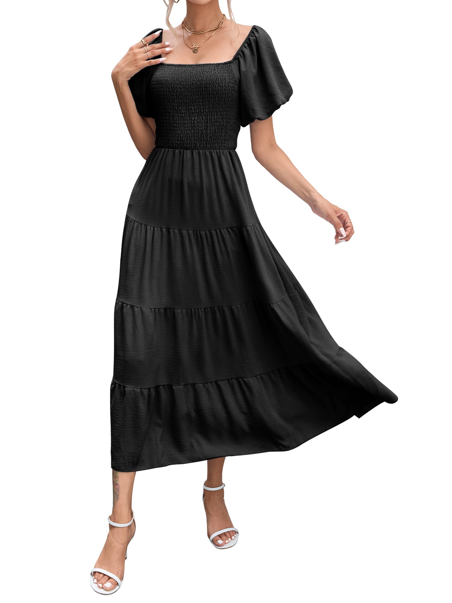 Puff Sleeve Pleated High Waist Flowy Midi Dress