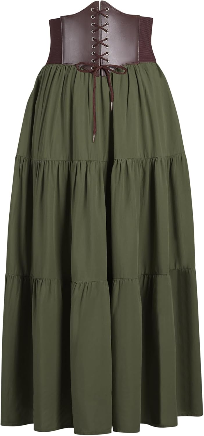 YESSA Womens Renaissance Flowy Skirt with Corset Belt,High Waist Ren Faire Medieval Skirt with Pocket,Pirate Costumes Outfit