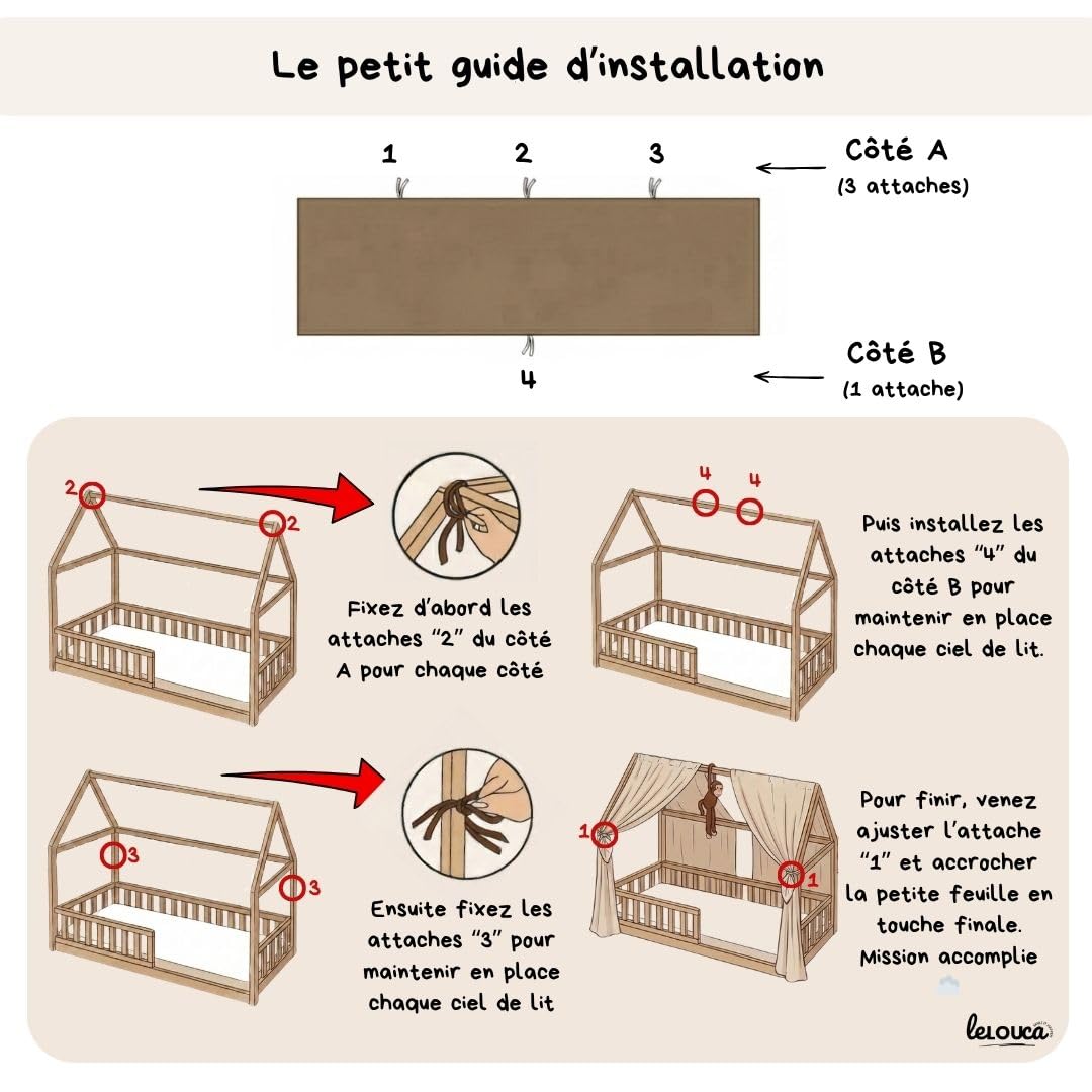 Ciel de lit cabane,100x350 cm, Coton Biologique Beige, décoration pour Chambre bébé ou Enfant. Inclus : 2 Toiles lit cabane; 2 Feuilles de décoration et Les Attaches Pratiques.