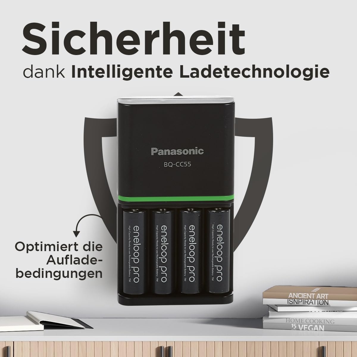 eneloop SmartPlus-Ladegerät für 1–4 AA/AAA NI-MH-Akkus, mit 4 eneloop pro AA/Mignon-Akkus mit 10 Sicherheitsfunktionen