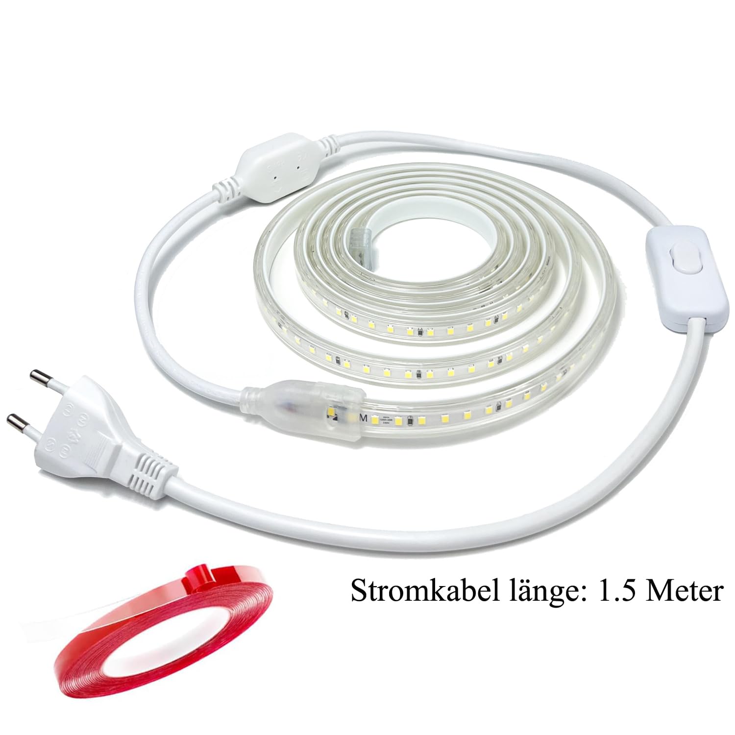 LED Strip 15M, Super Hell LED Streifen 220V 230V Direktanschluss, Wasserdicht IP65 Stripes mit Schalter, 3000K Warmweiss Band für Innen Außen Dekoration Beleuchtung Warmweiß