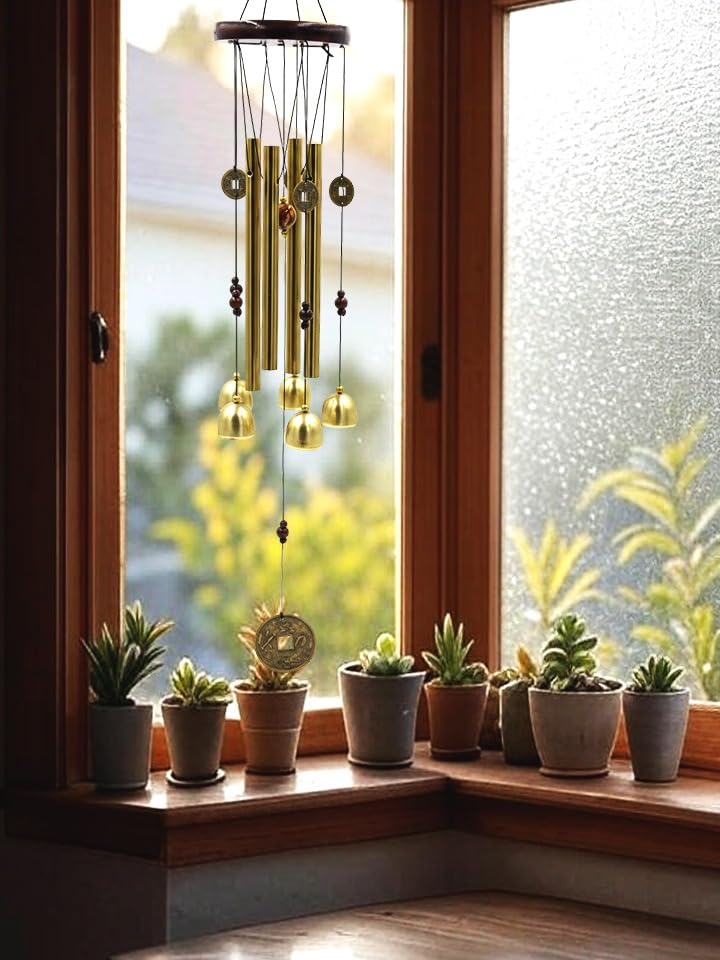 Image of Decorative Wind Chime for Home | Wooden House with Bells Colourful Beads | Positive Energy Balcony Living Room Hall Garden Home Decor (Wind Chimes Metal Bells)