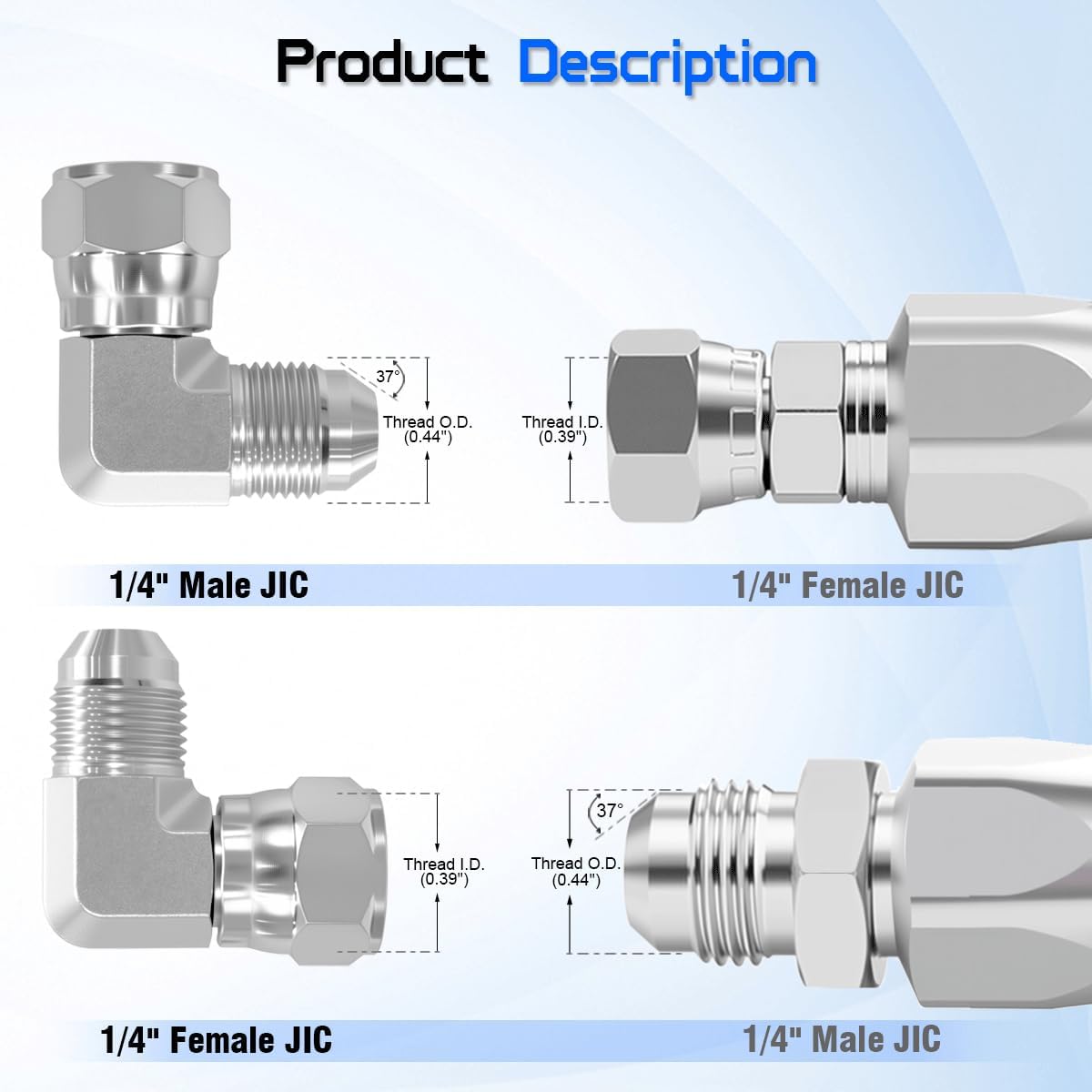 6500-04-04 Hydraulic Fitting 1/4" JIC 37° Male X 1/4" Female JIC 90° Elbow Adapter, SAE J514 Standards Carbon Steel Pipe Joints Connector for Hydraulic Systems (2 Pack)