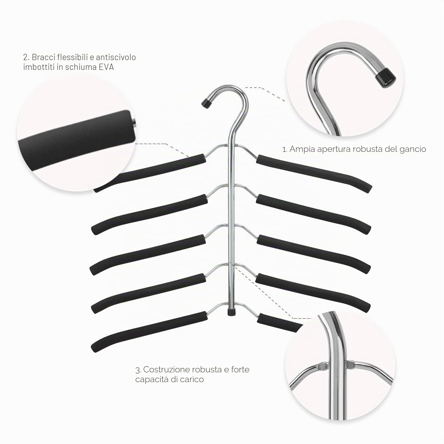 3 Pack Appendiabiti Organizzatore Salvaspazio Multistrato Multi-Funzione per Adulti 5 in 1 Metallo Appendiabiti Ganci Eva Antiscivolo Organizzatore Multiuso per Camicie Pantaloni Cappotti