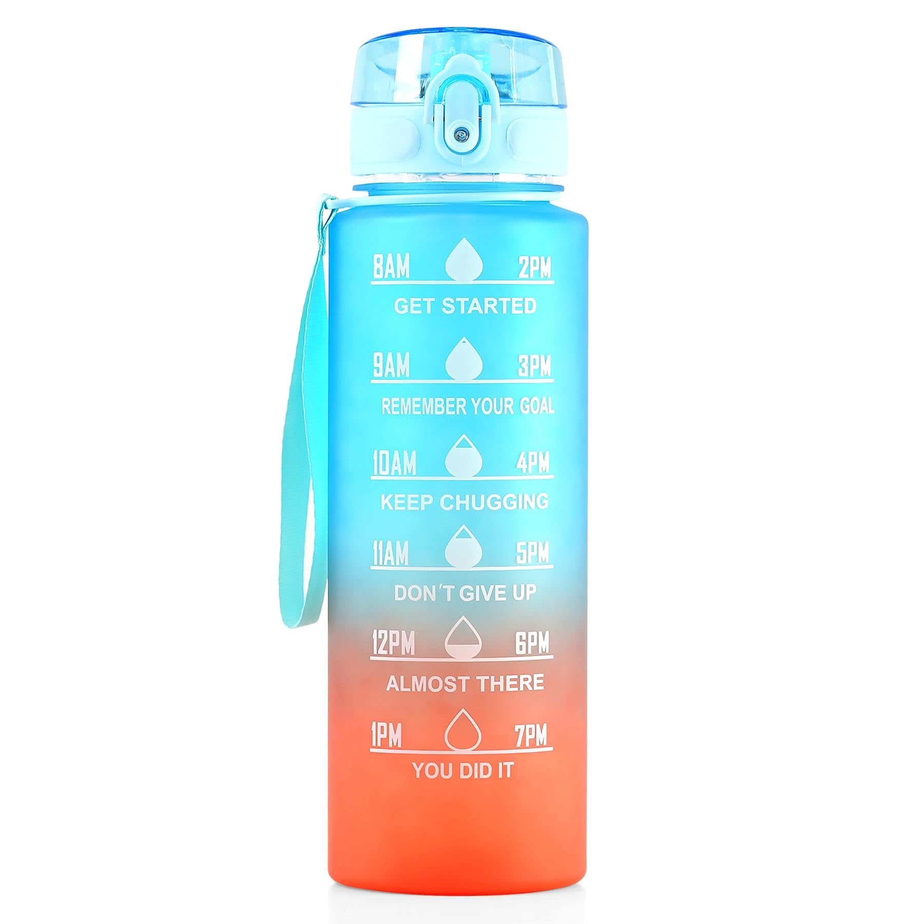 GEEZY Motivational Water Bottle with Time Markings 1L in Blue and Orange - One Click Open Flip Top, Locking Mechanism, Leakproof, BPA Free - Suitable for Home Office Gym School Cycling Sports Outdoors